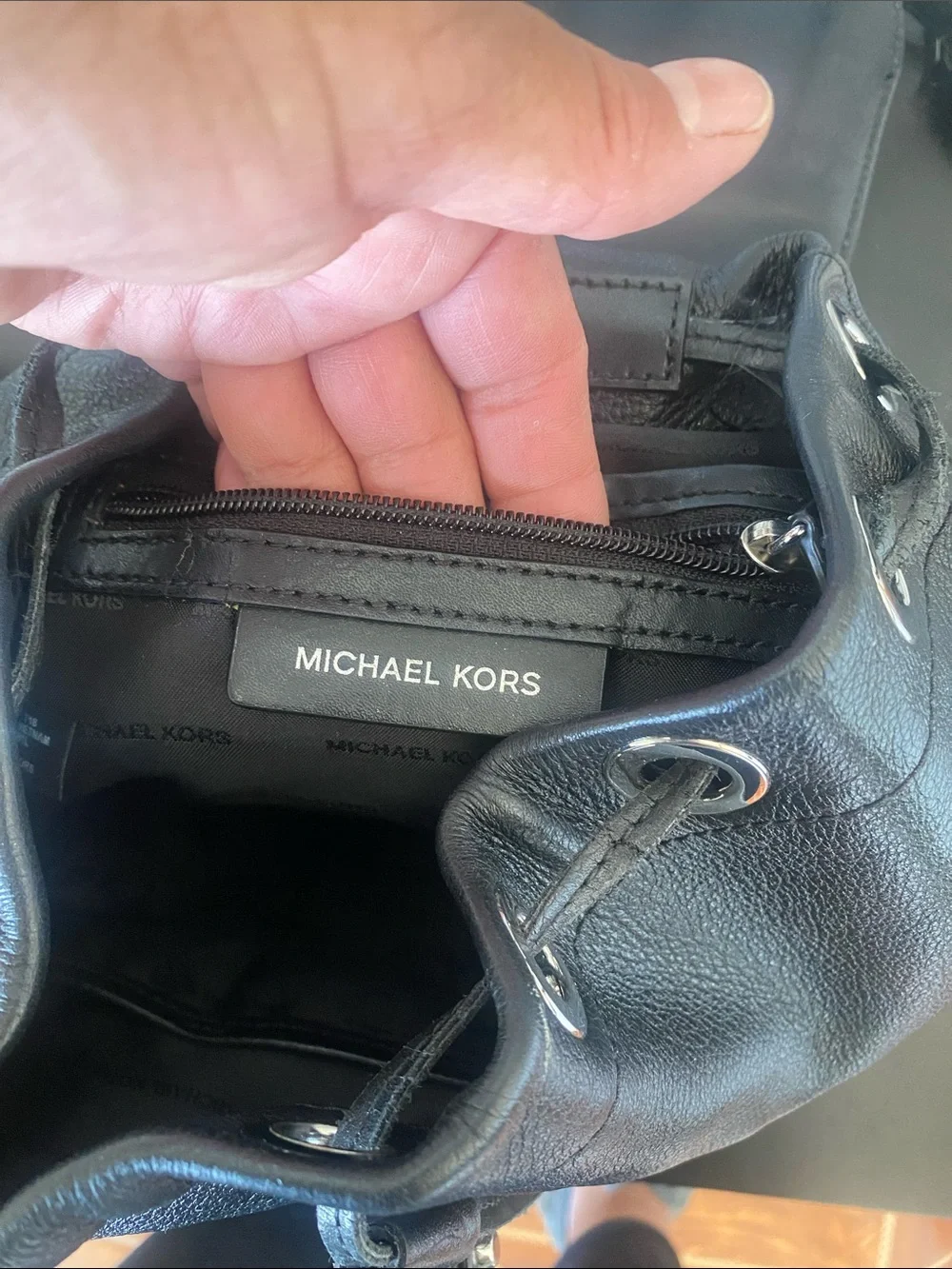 Michael Kors Black Leather Mini Backpack with Gold MK Logo